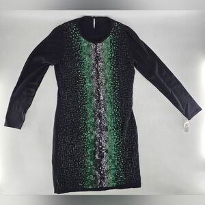 Elegant Black Dress with Green and‎ Silver Detailing